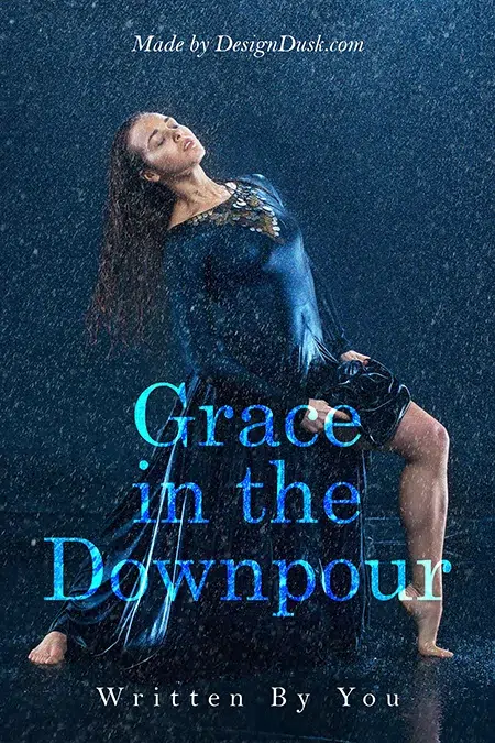 Woman in a dark elegant dress kneeling in heavy rain, symbolic and dramatic premade book cover design
