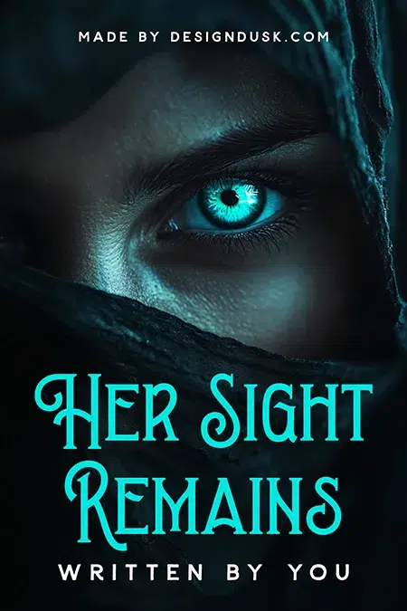 Close-up of a glowing blue eye partially concealed by dark fabric on a mysterious fantasy premade book cover design