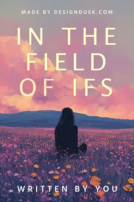 Woman sitting alone in a colorful wildflower field under a dreamy sunset sky in an emotional premade book cover design