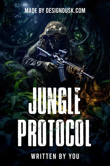 Action premade book cover showing a soldier in tactical gear holding a rifle in a dense jungle setting