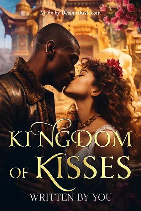 Romantic couple sharing an intimate moment in a vibrant, royal fantasy setting, enchanting fantasy romance premade book cover design