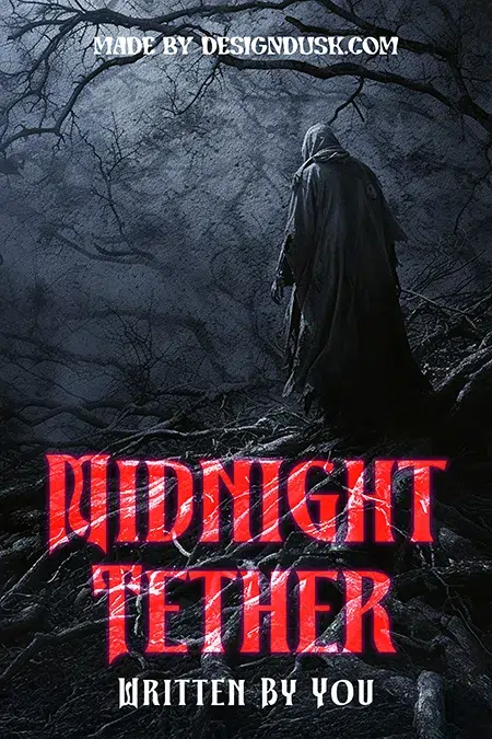Hooded figure in a dark forest under twisted trees and moonlight, eerie horror fantasy premade book cover design