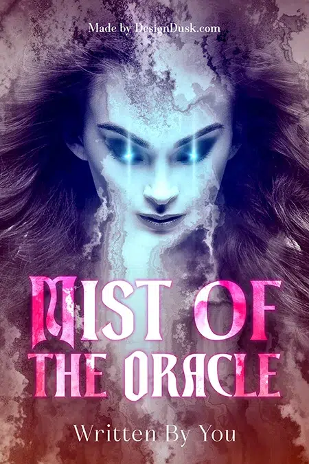 Mystical woman with glowing eyes emerging from swirling mist, dark fantasy premade book cover design