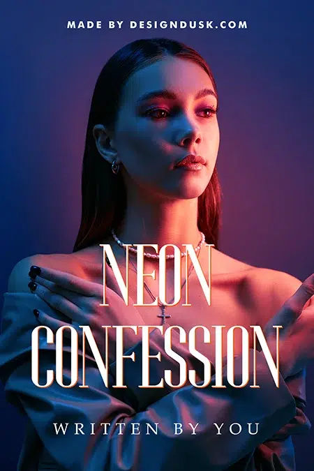 Moody woman in neon lighting holding a cross necklace on a dramatic contemporary premade book cover design