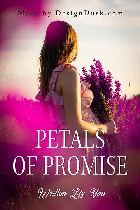 Woman in a lavender field holding purple flowers in a soft, romantic premade book cover design