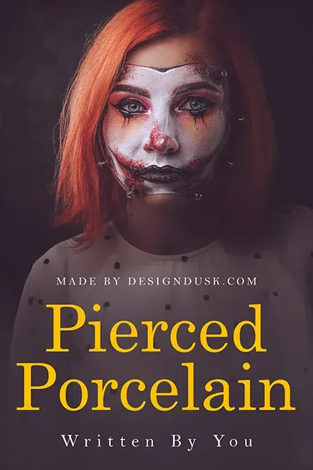 Creepy woman in cracked porcelain doll makeup with piercing bolts on a dark horror-themed premade book cover design