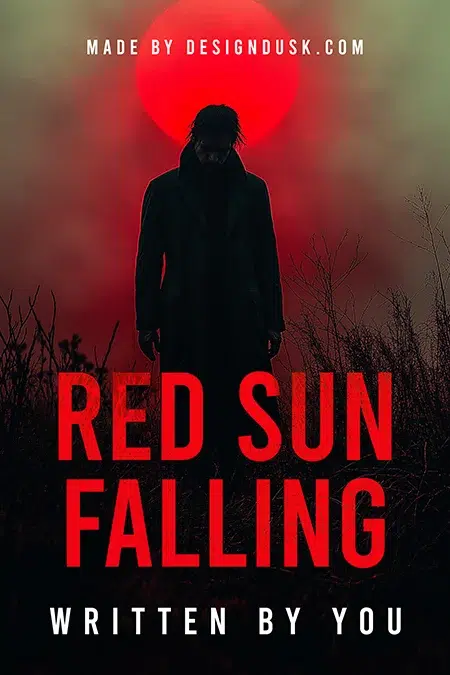 Premade book cover design with a mysterious figure silhouetted against a blood-red sun and eerie landscape, titled Red Sun Falling