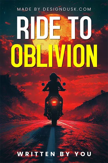 Silhouette of a woman riding a motorcycle toward a fiery sunset in a dramatic premade book cover design
