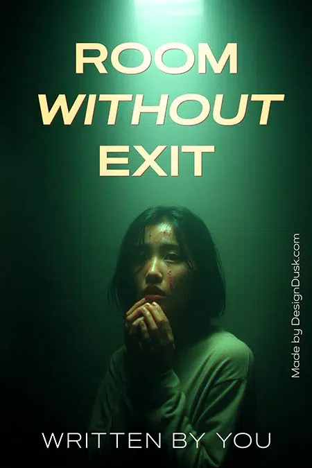 Dark premade book cover design featuring a scared woman in green light, trapped in a mysterious room, titled Room Without Exit