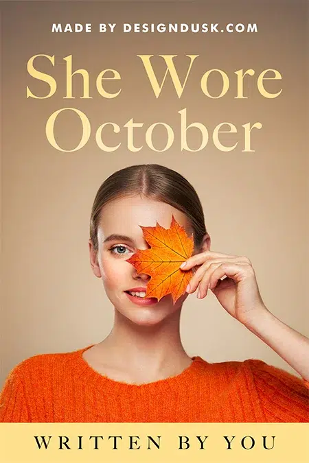 Autumn-themed book cover design featuring a smiling woman in an orange sweater holding a fall leaf in front of one eye