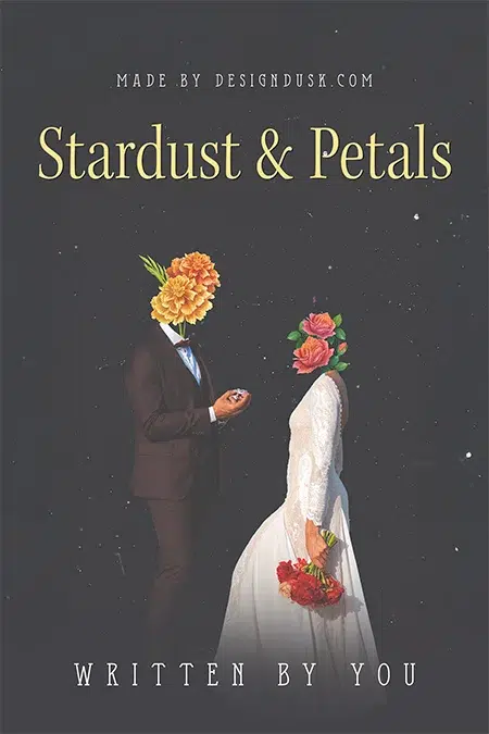 Surreal wedding couple with flower heads against a starry sky in a whimsical premade book cover design