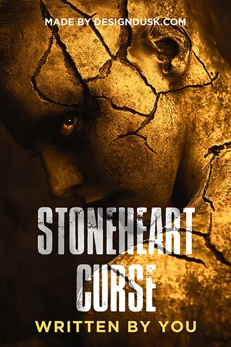 Dark fantasy premade book cover featuring a cracked stone-skinned humanoid with a haunting, cursed expression