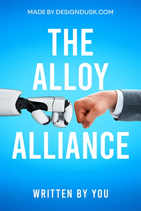 Robot and human fists bumping against a bright blue background, futuristic sci-fi premade book cover design