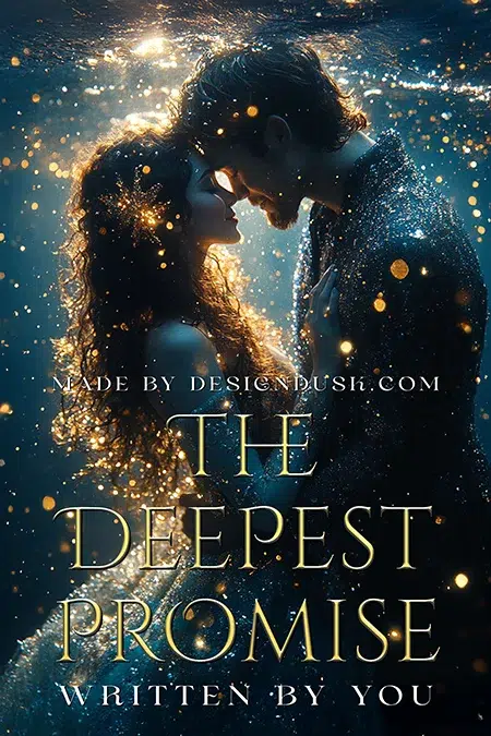 Romantic couple glowing underwater surrounded by golden light in a magical premade book cover design