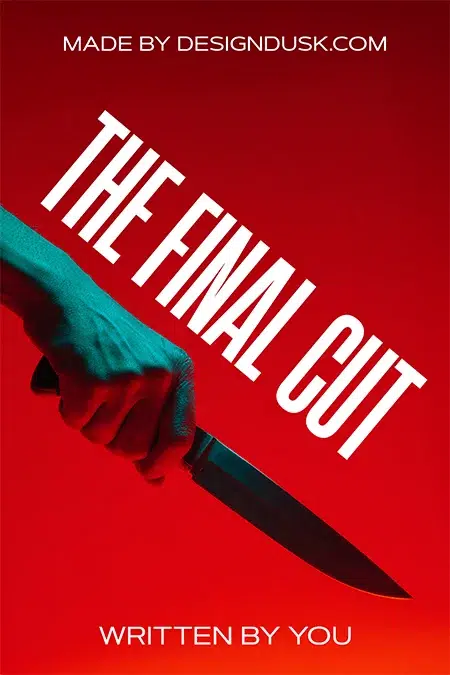 Premade book cover design featuring a hand gripping a large knife against a blood-red background, titled The Final Cut