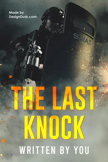 Armed SWAT officer behind a riot shield surrounded by smoke and sparks, intense action thriller premade book cover design