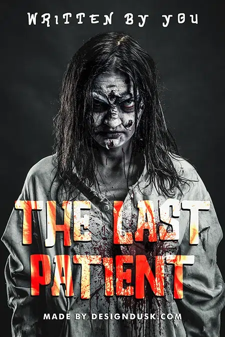 Creepy horror book cover design featuring a bloodied woman in a hospital gown with intense makeup and haunting eyes