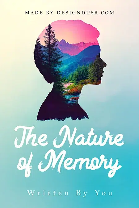 Silhouette of a child filled with a vivid mountain landscape on a nostalgic premade book cover design