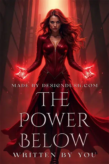 Fierce woman in a red gown with glowing magical energy in her hands, standing in a dark urban setting for a fantasy premade book cover design
