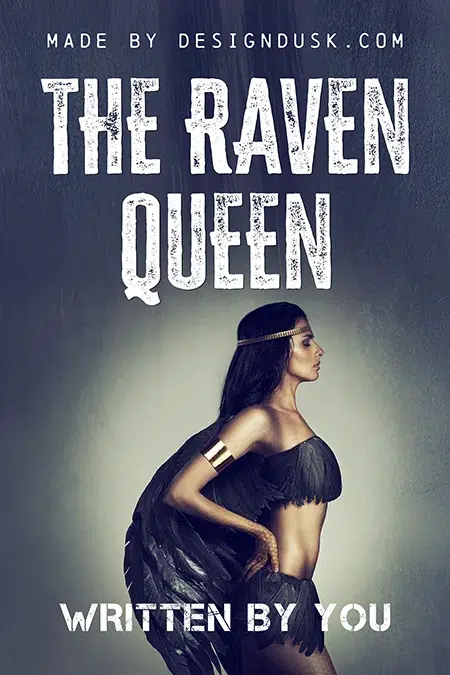 Powerful woman dressed in black feathered costume with tribal accents on a dark fantasy premade book cover design