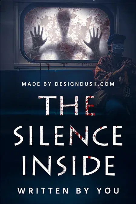 Terrified man on a subway with a ghostly figure pressed against the window in a chilling horror premade book cover design