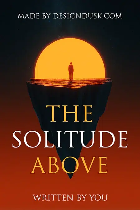 Premade book cover design featuring a lone figure standing on a floating island at sunset, silhouetted against a glowing orange sun, titled The Solitude Above