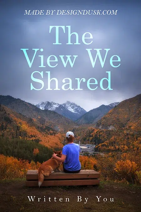 Person sitting on a bench with a dog overlooking a scenic mountain valley in autumn, emotional premade book cover design