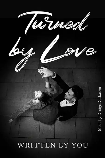 Black and white image of a couple dancing, viewed from above, romantic premade book cover design