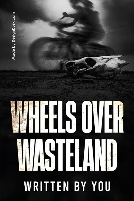 Motorcyclist speeding through a desolate wasteland with an animal skull in the foreground, gritty dystopian premade book cover design