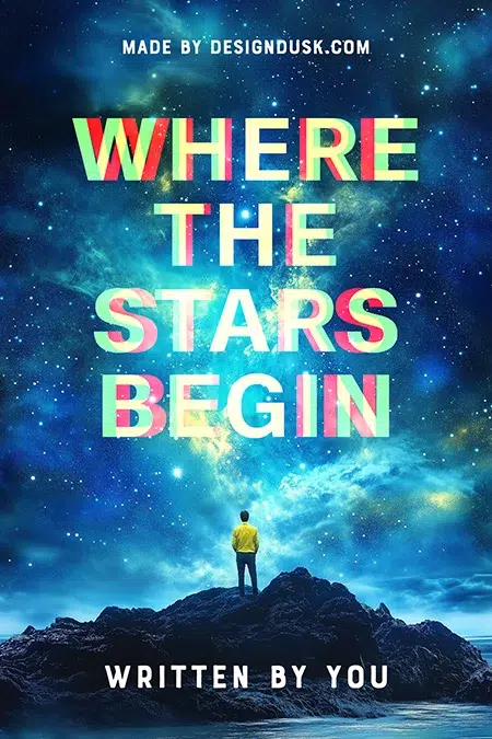 Premade sci-fi or inspirational book cover showing a lone figure standing on a mountain beneath a vibrant, star-filled galaxy sky