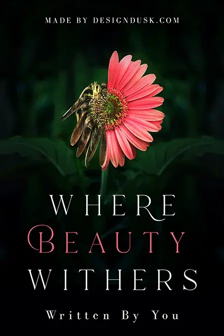 Half-wilted pink flower on a dark background featured on a dramatic premade book cover design