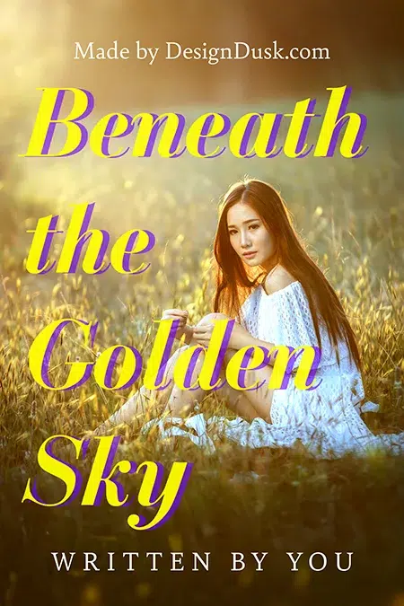A young woman in a white dress sits in a sunlit golden field at sunset with warm light illuminating the grass around her