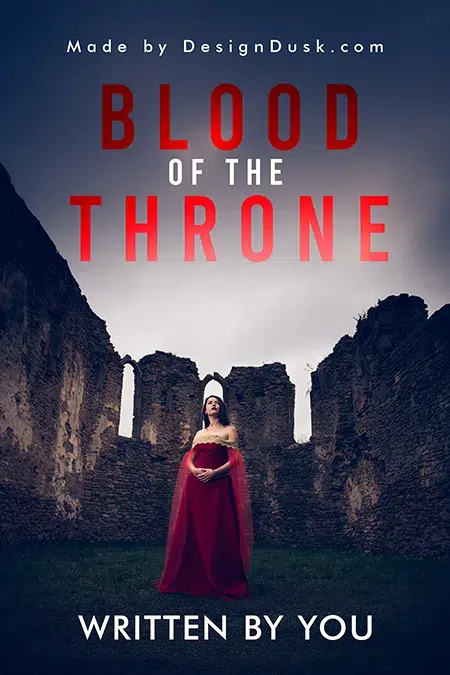 Premade book cover design featuring a woman in a red gown standing in the ruins of a castle under a dramatic sky