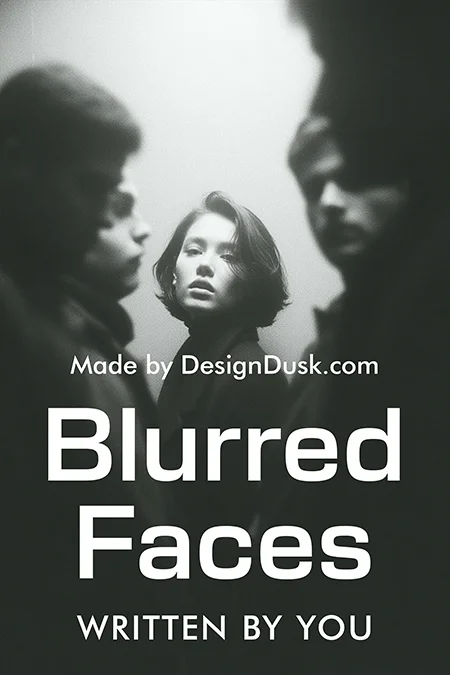 Moody premade book cover design showing a woman surrounded by blurred male figures in black and white
