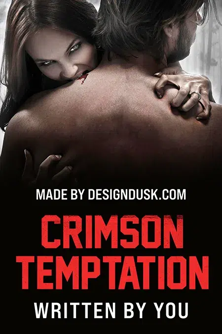 Dark vampire romance book cover design featuring a seductive woman biting a man's shoulder in an intense embrace