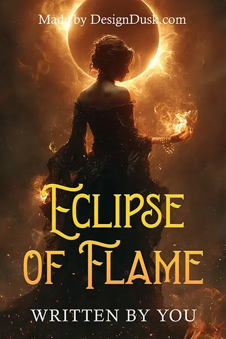Premade fantasy book cover design with a fiery sorceress silhouetted against a solar eclipse