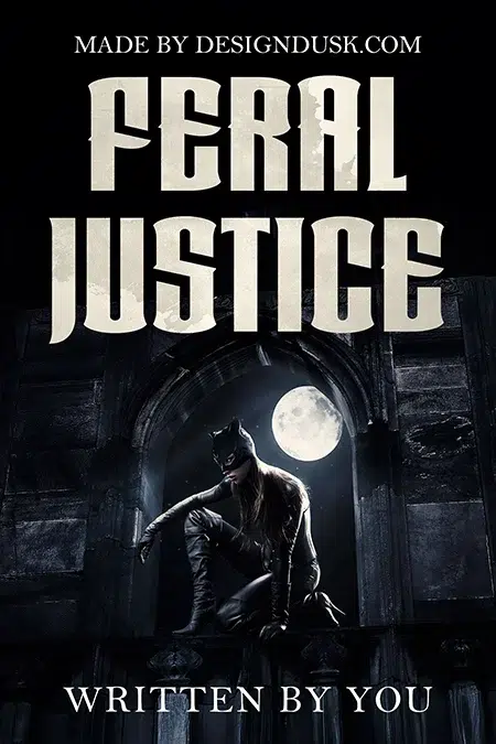 Premade urban fantasy book cover design featuring a masked vigilante crouched on a gothic building under the full moon