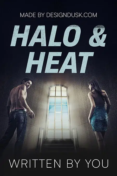 Premade romance book cover design featuring a man and woman standing before a glowing doorway with dramatic light