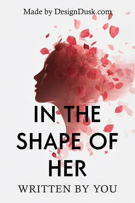 Elegant premade book cover design featuring a woman's silhouette filled with red rose petals and soft floral elements