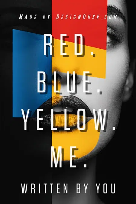 Modern abstract portrait-style premade book cover with bold red, blue, and yellow color blocks overlaying a grayscale female face