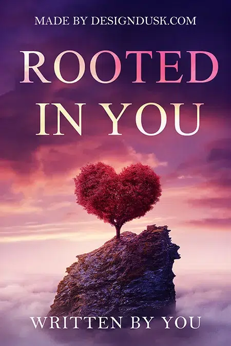 Premade romance book cover design featuring a heart-shaped tree growing on a rocky cliff against a dreamy sunset sky