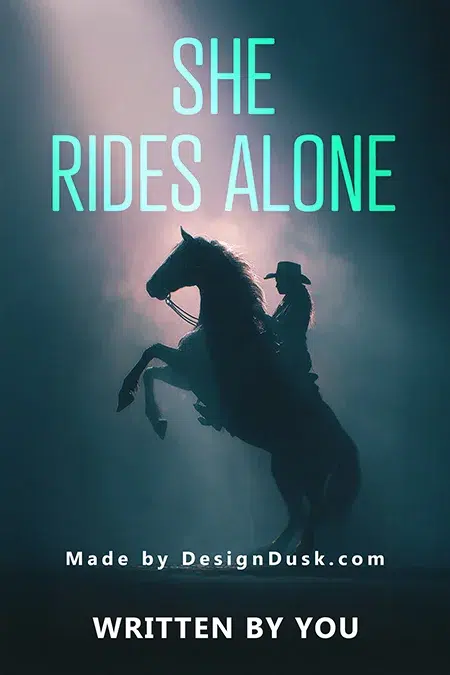 Premade western book cover design with a female rider silhouetted on a rearing horse in dramatic lighting