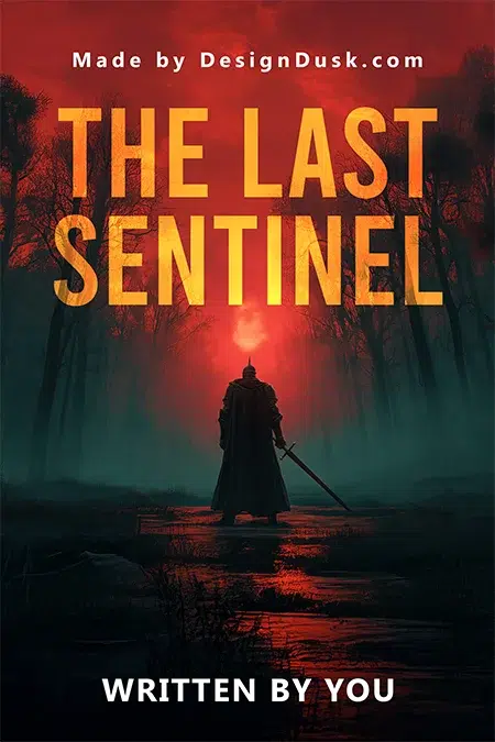 Premade fantasy book cover design featuring a lone warrior with a sword standing in a fiery forest