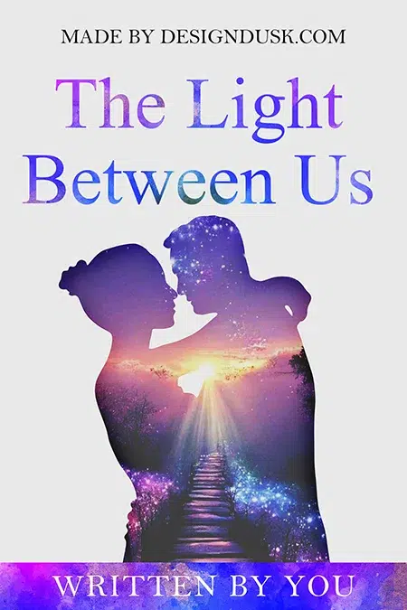 Premade romance book cover design featuring a silhouetted couple with cosmic imagery and a glowing path of light