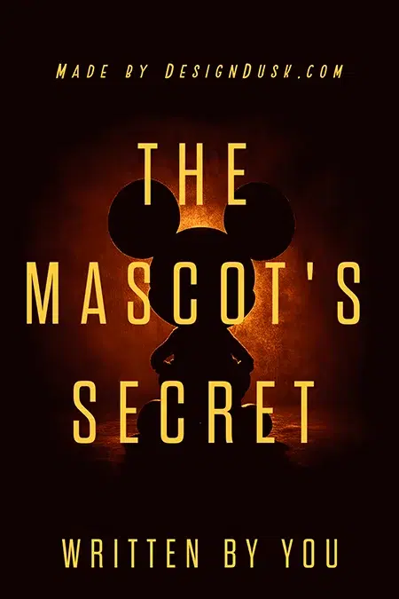 Dark and mysterious premade book cover design featuring the silhouette of a cartoon mascot figure in a fiery orange glow