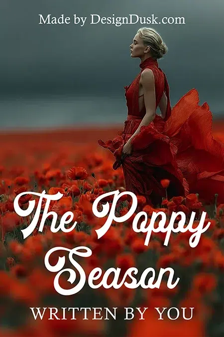 Premade book cover design with a woman in a flowing red dress standing in a vibrant poppy field under a moody sky