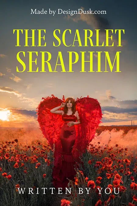 Fantasy premade book cover featuring a woman in a red dress with angel wings standing in a vibrant poppy field at sunset