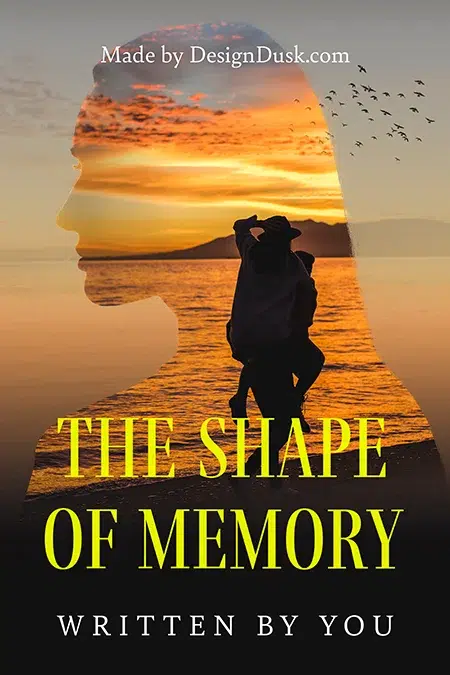 Premade book cover design showing a couple at sunset inside the silhouette of a woman's profile, symbolizing reflection and emotional memory