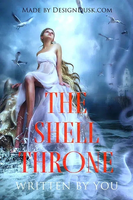 Fantasy book cover design featuring a mystical woman in a white dress sitting on a seashell throne by the ocean