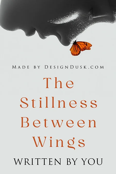 Minimalist premade book cover design featuring a close-up of a face with a butterfly resting on the lips, symbolizing silence and delicate emotion